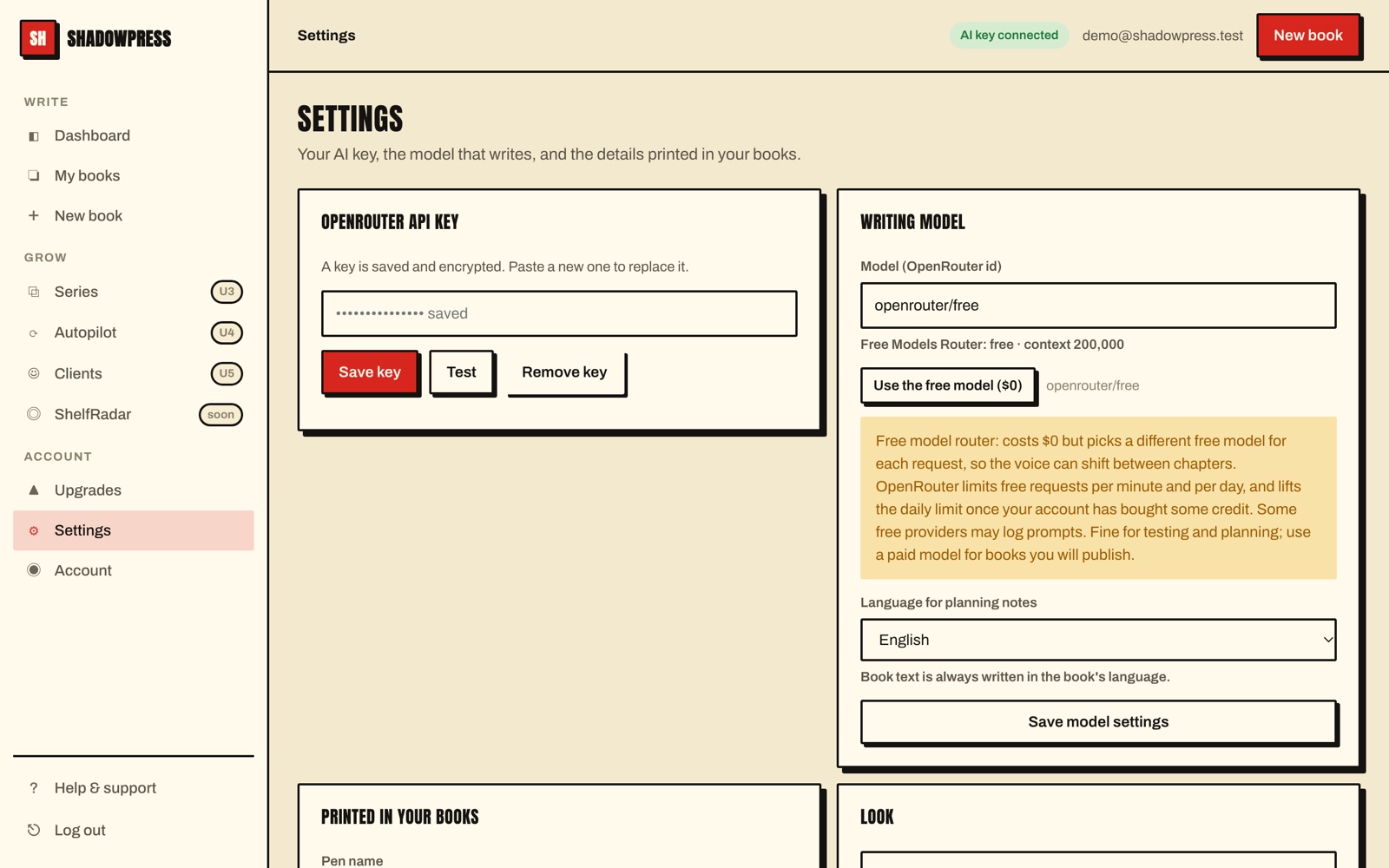 Settings with the free model selected